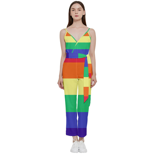 LGBTQ Rainbow Pride #12 V-Neck Spaghetti Strap Tie Front Jumpsuit