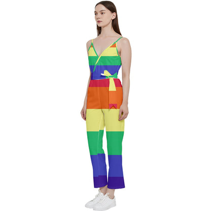 LGBTQ Rainbow Pride #12 V-Neck Spaghetti Strap Tie Front Jumpsuit