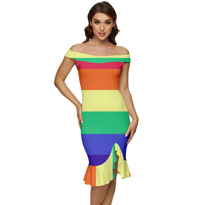 LGBTQ Rainbow Pride #12 Off Shoulder Ruffle Split Hem Bodycon Dress