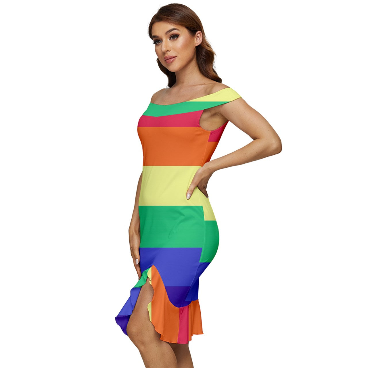 LGBTQ Rainbow Pride #12 Off Shoulder Ruffle Split Hem Bodycon Dress