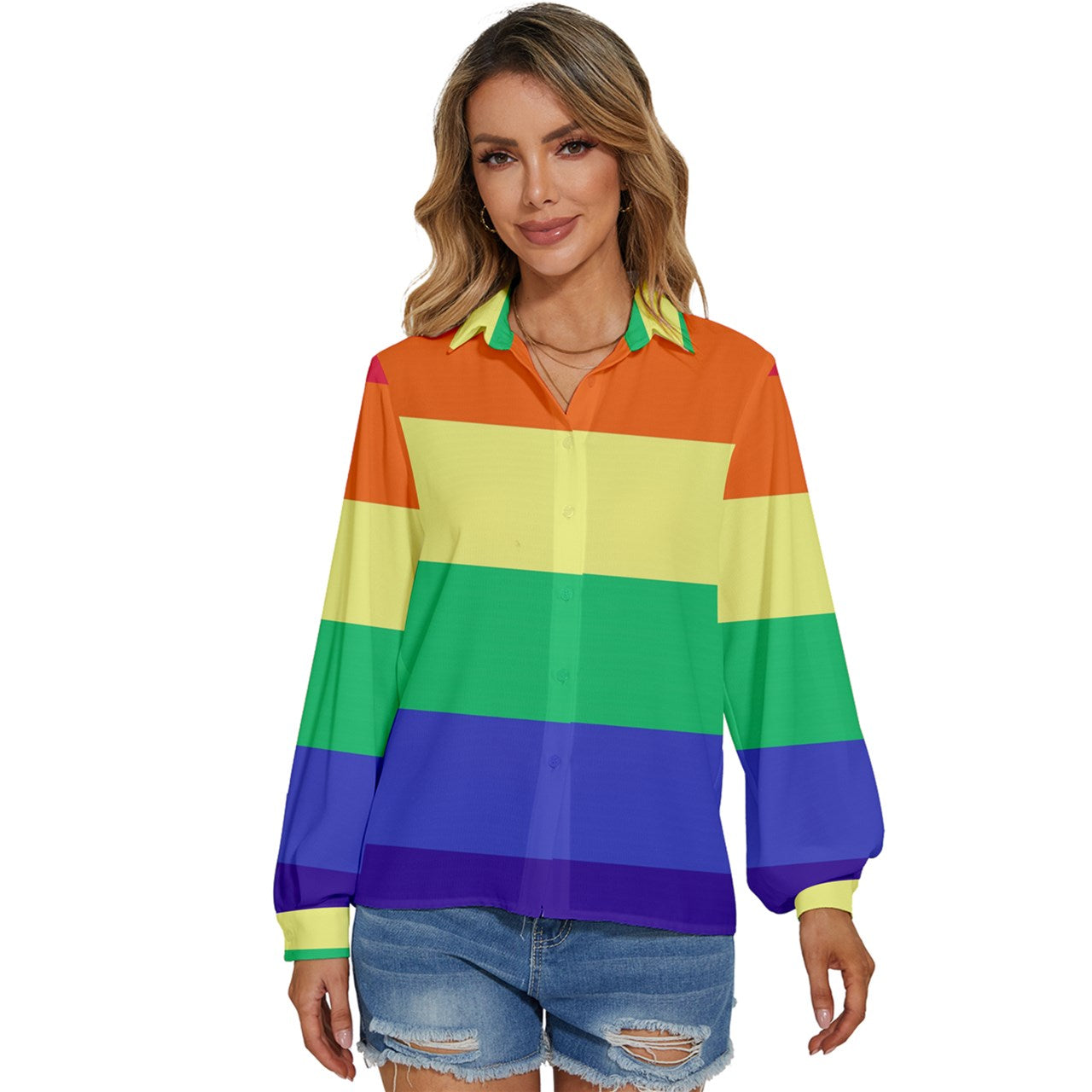 LGBTQ Rainbow Pride #12 Women's Long Sleeve Button Down Shirt 5XL