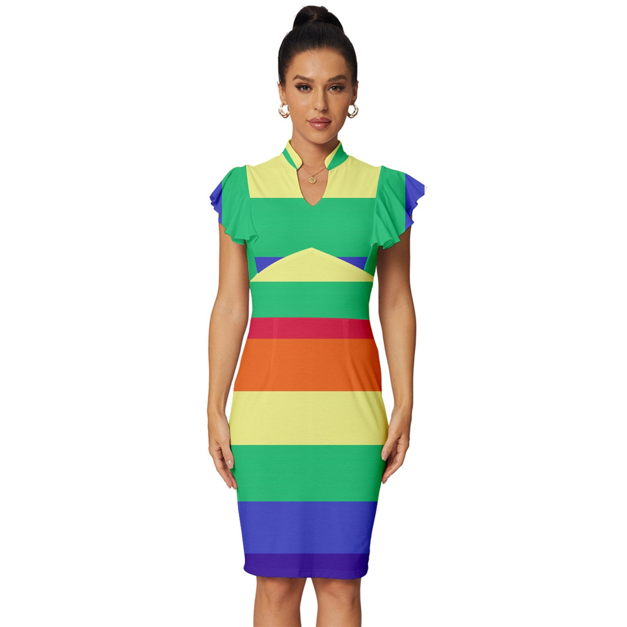 LGBTQ Rainbow Pride #12 Vintage Frill Sleeve V-Neck Bodycon Dress