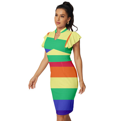 LGBTQ Rainbow Pride #12 Vintage Frill Sleeve V-Neck Bodycon Dress