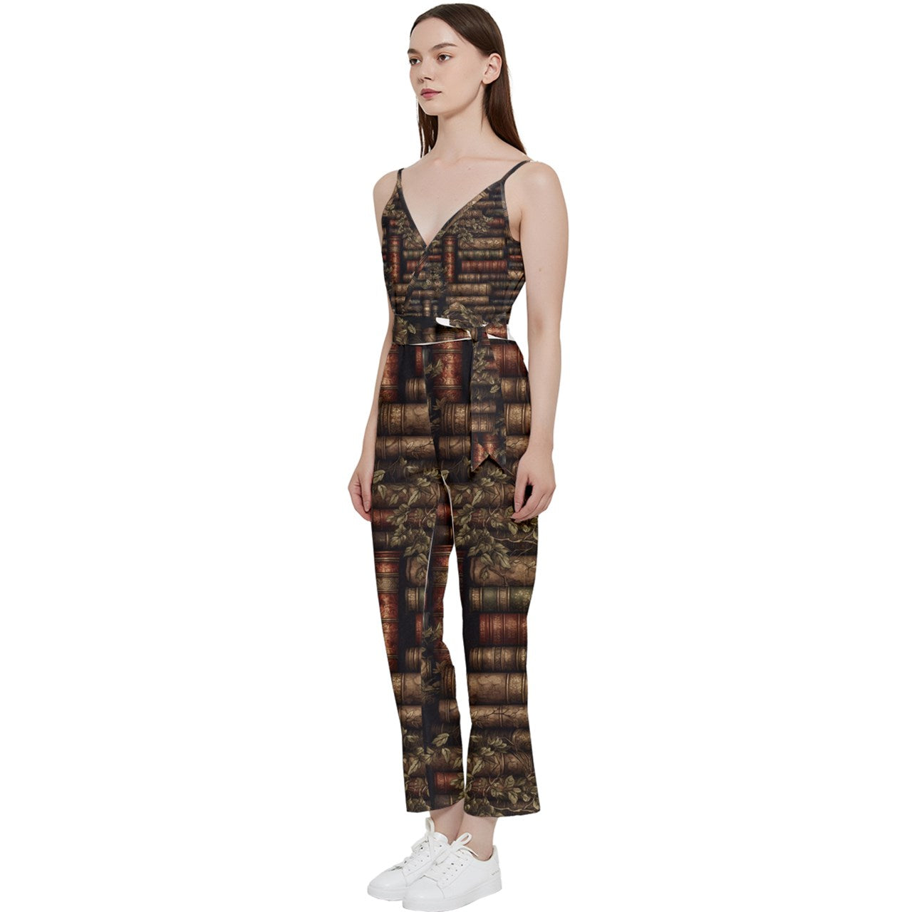 The Librarian V-Neck Spaghetti Strap Tie Front Jumpsuit