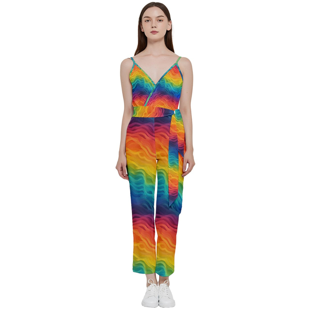 Lgbtq Rainbow V-Neck Spaghetti Strap Tie Front Jumpsuit