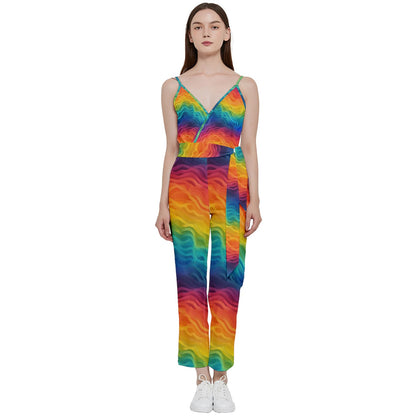 Lgbtq Rainbow V-Neck Spaghetti Strap Tie Front Jumpsuit