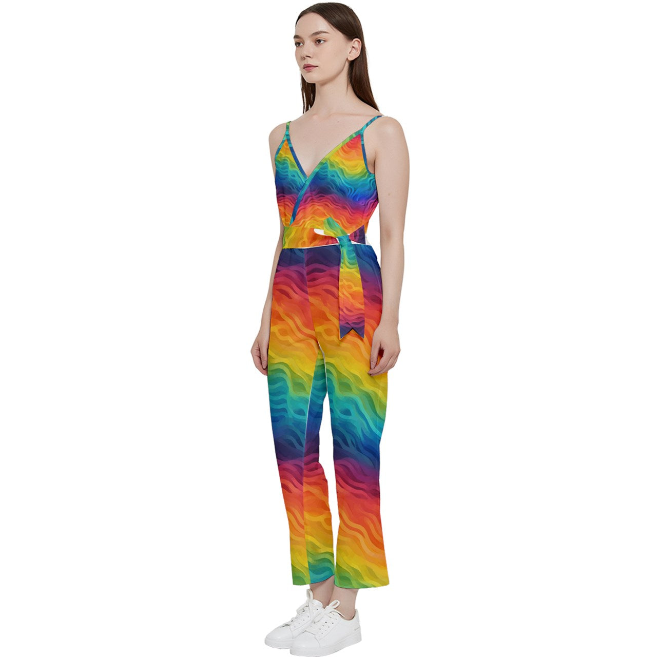 Lgbtq Rainbow V-Neck Spaghetti Strap Tie Front Jumpsuit