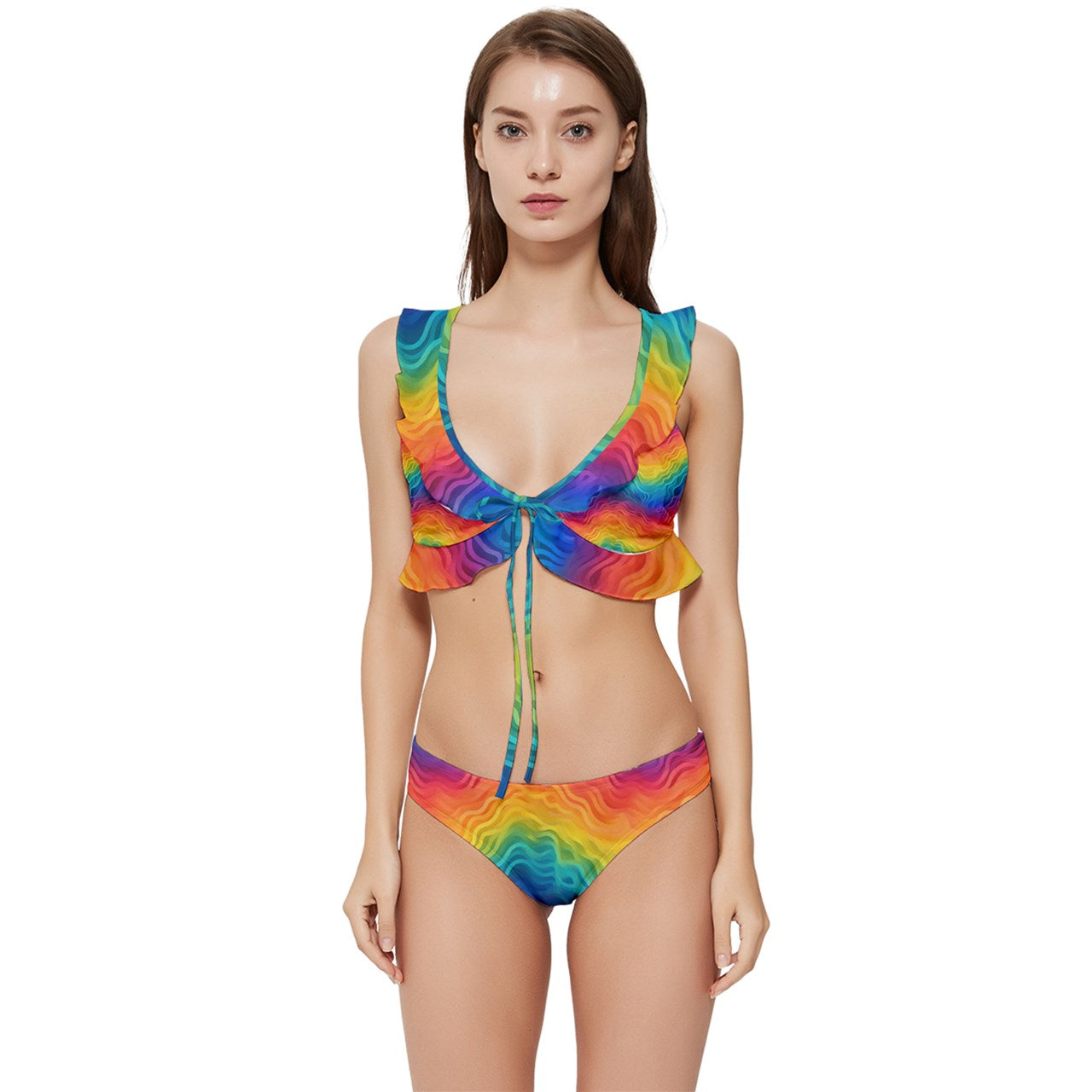 Bright Rainbow LGBTQ Ruffle Edge Low Cut Bikini Set for Women