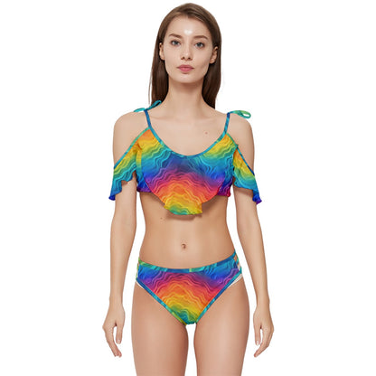 Lgbtq Rainbow Ruffle Edge Tie Up Bikini Set