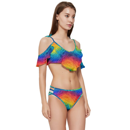 Lgbtq Rainbow Ruffle Edge Tie Up Bikini Set