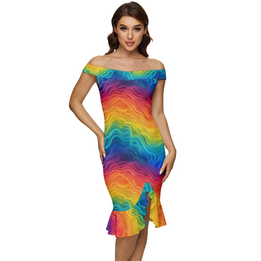 Lgbtq Rainbow Off Shoulder Ruffle Split Hem Bodycon Dress