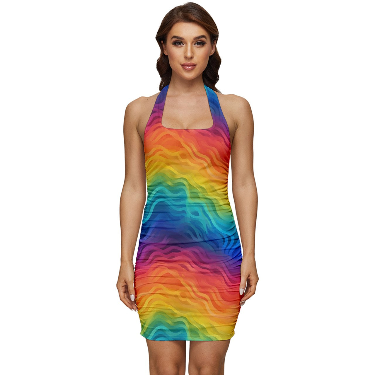 Lgbtq Rainbow Sleeveless Wide Square Neckline Ruched Bodycon Dress