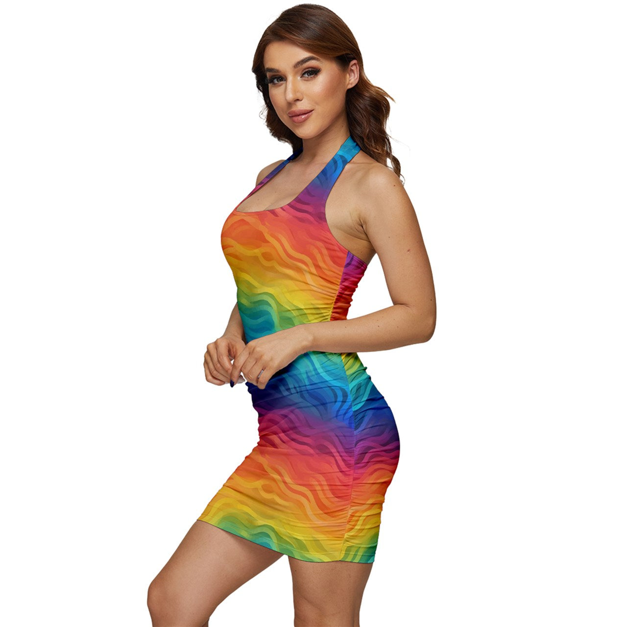 Lgbtq Rainbow Sleeveless Wide Square Neckline Ruched Bodycon Dress