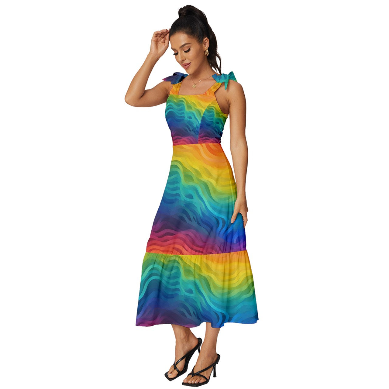 Lgbtq Rainbow Tie-Strap Tiered Midi Chiffon Dress