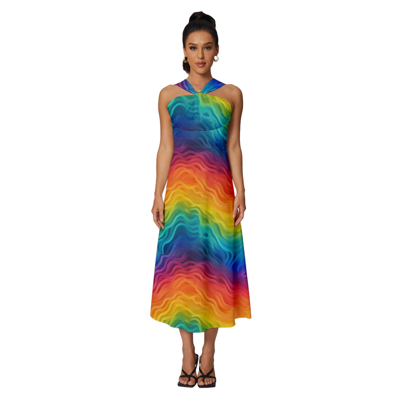 Lgbtq Rainbow Sleeveless Cross Front Cocktail Midi Chiffon Dress