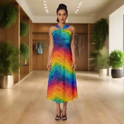 Lgbtq Rainbow Sleeveless Cross Front Cocktail Midi Chiffon Dress