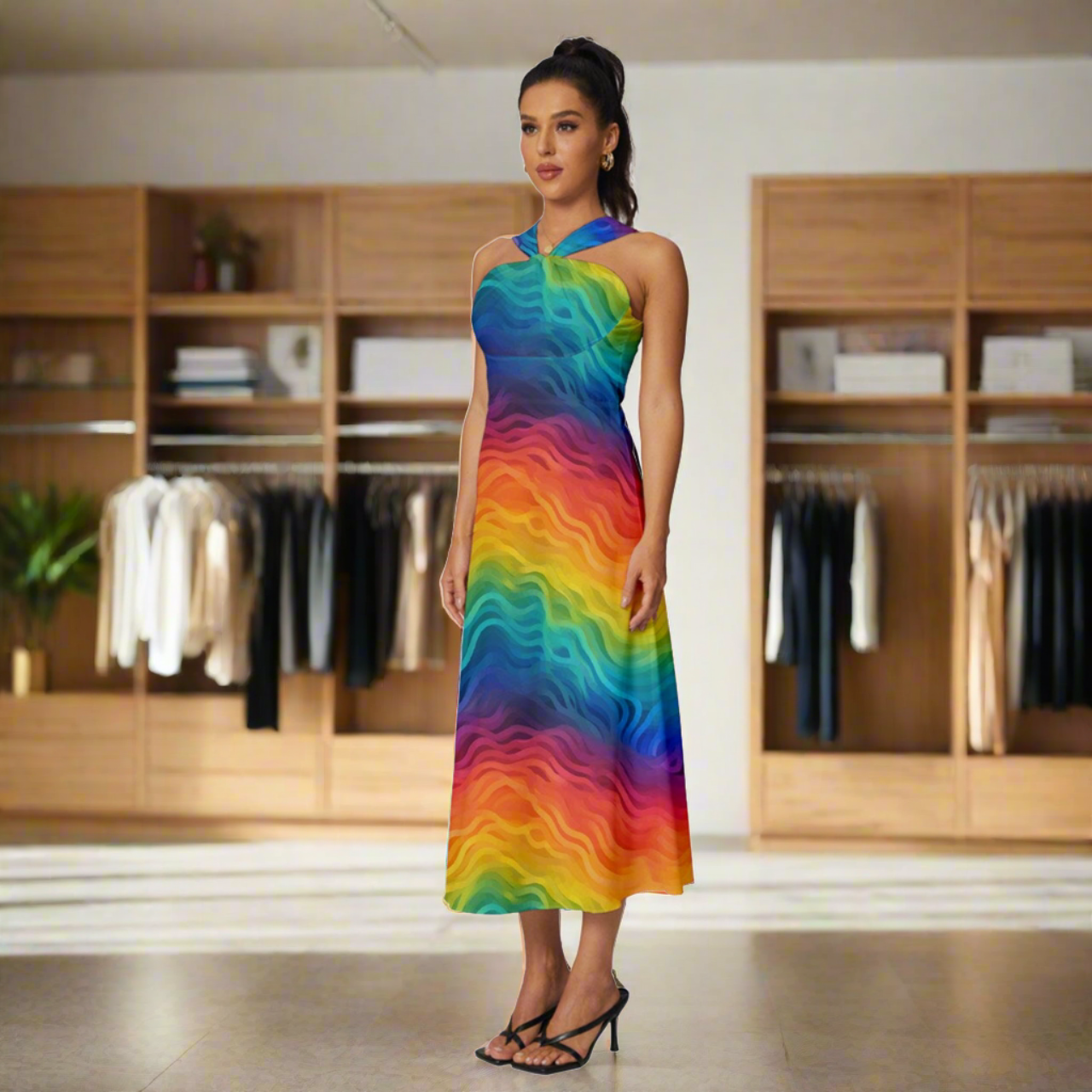 Lgbtq Rainbow Sleeveless Cross Front Cocktail Midi Chiffon Dress