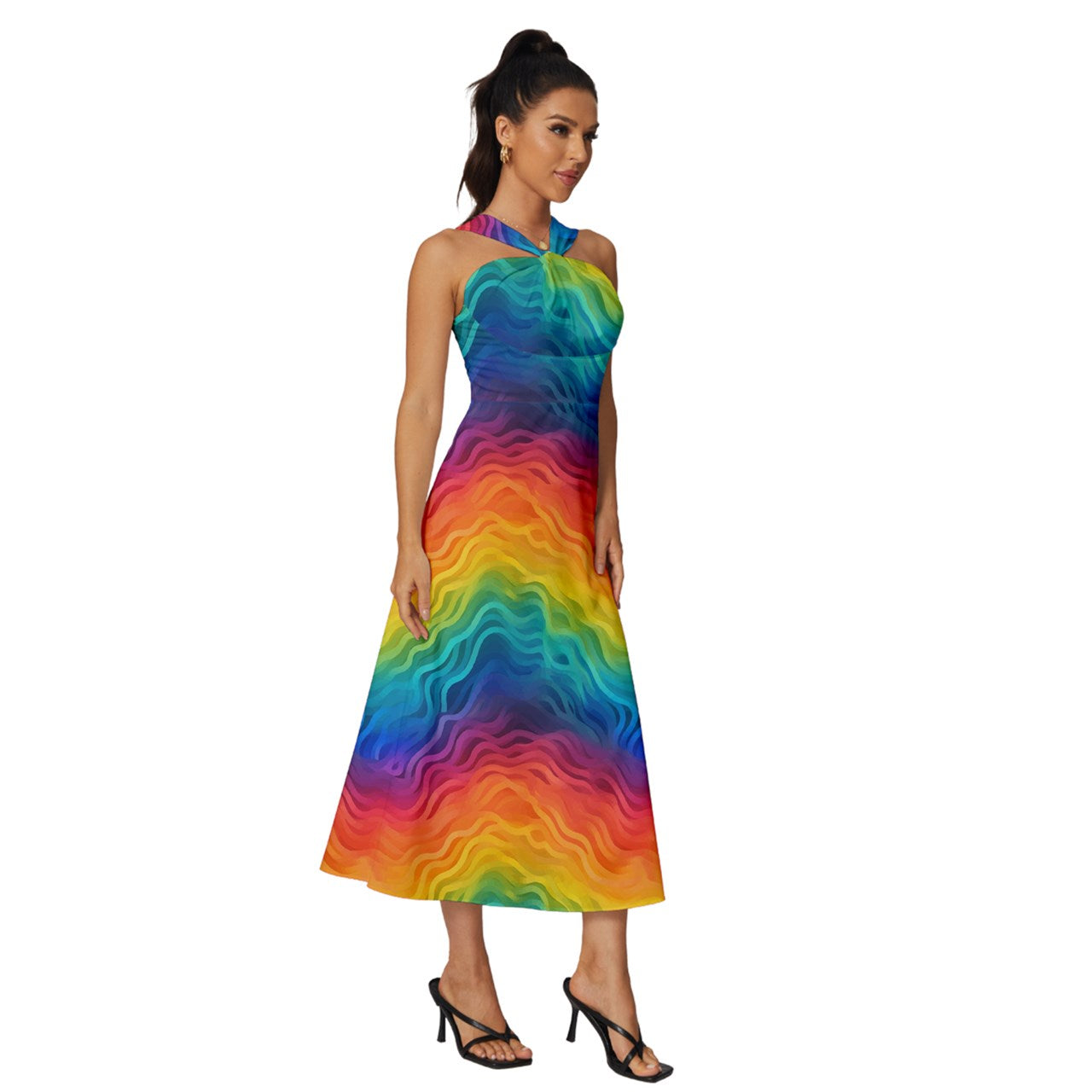 Lgbtq Rainbow Sleeveless Cross Front Cocktail Midi Chiffon Dress