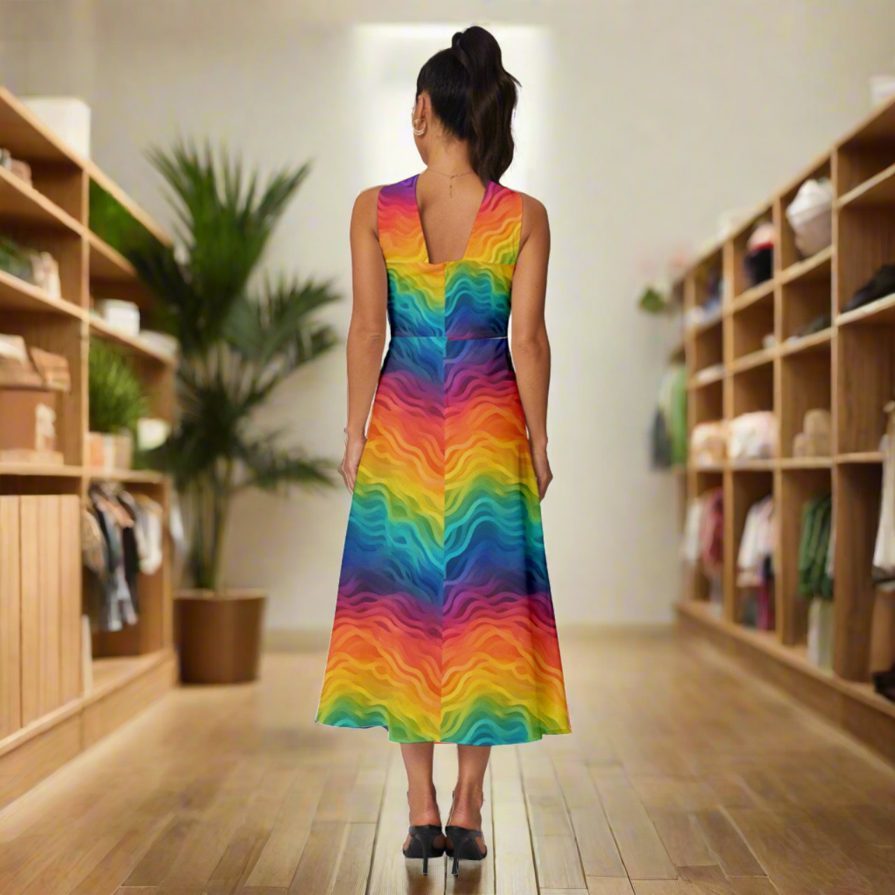 Lgbtq Rainbow Sleeveless Cross Front Cocktail Midi Chiffon Dress