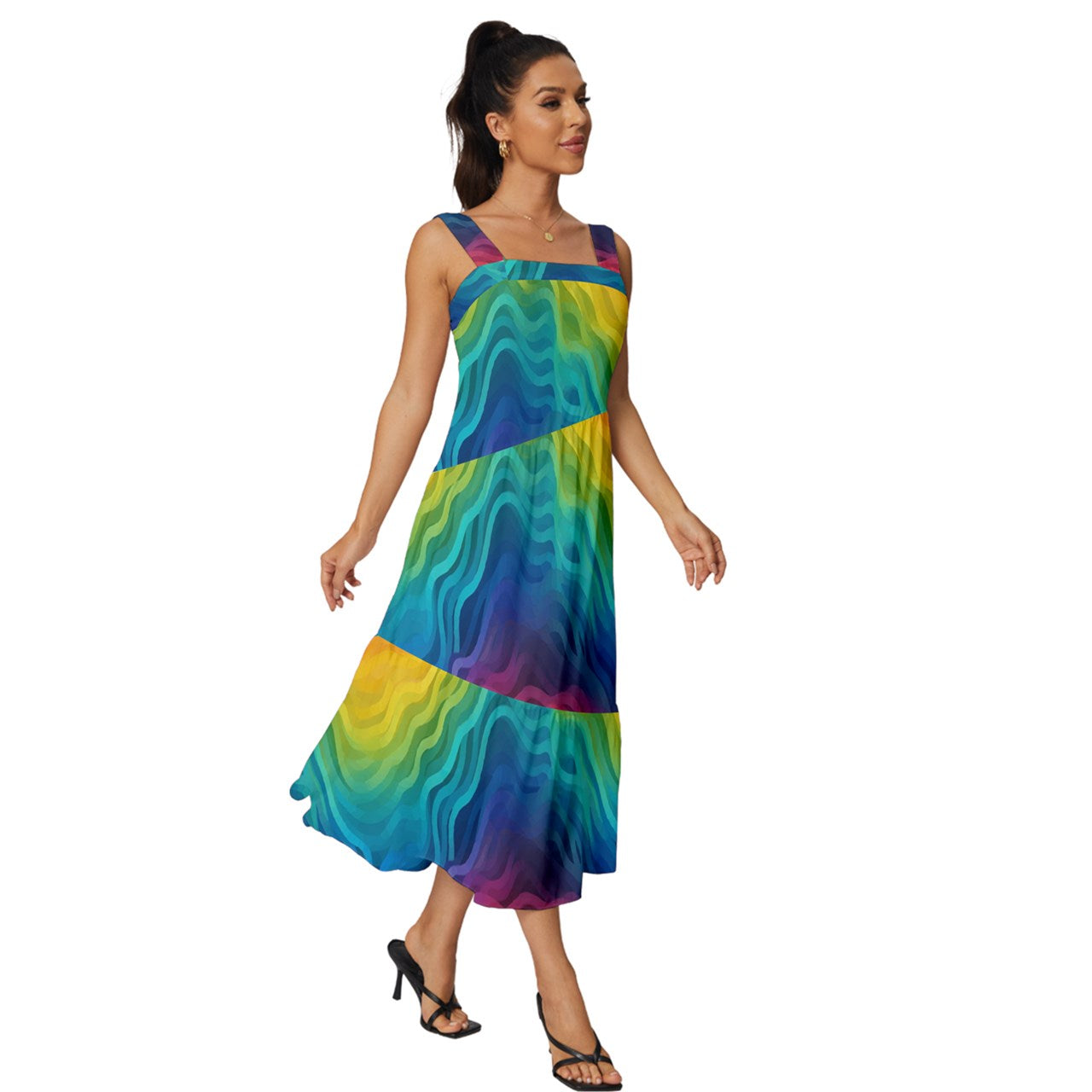 Lgbtq Rainbow Square Neckline Tiered Midi Dress