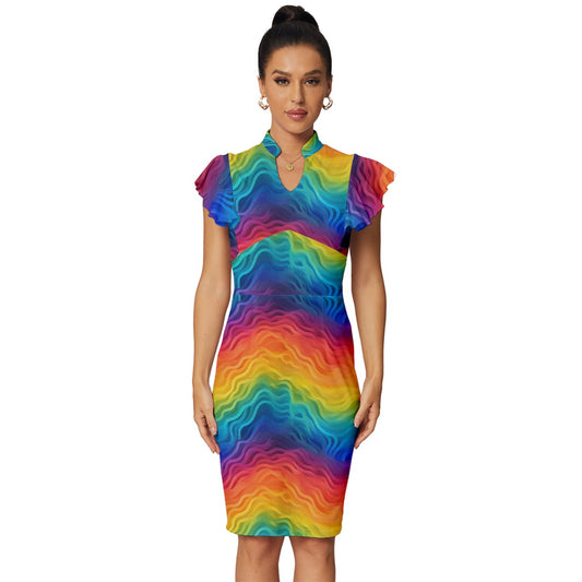 Lgbtq Rainbow Vintage Frill Sleeve V-Neck Bodycon Dress