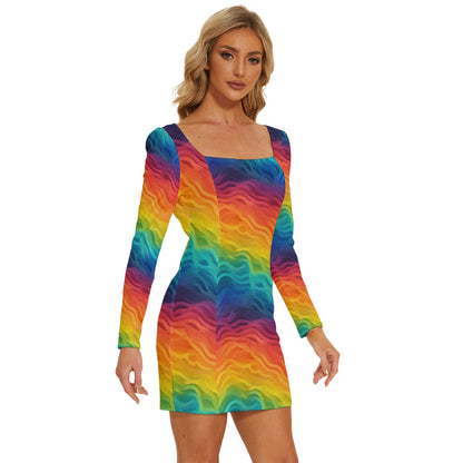 Lgbtq Rainbow Long Sleeve Square Neck Bodycon Velvet Dress