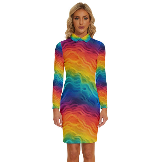 Lgbtq Rainbow Long Sleeve Shirt Collar Bodycon Dress