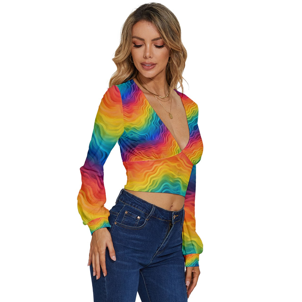 LGBTQ Rainbow Pride Long Sleeve Deep-V Velour Top