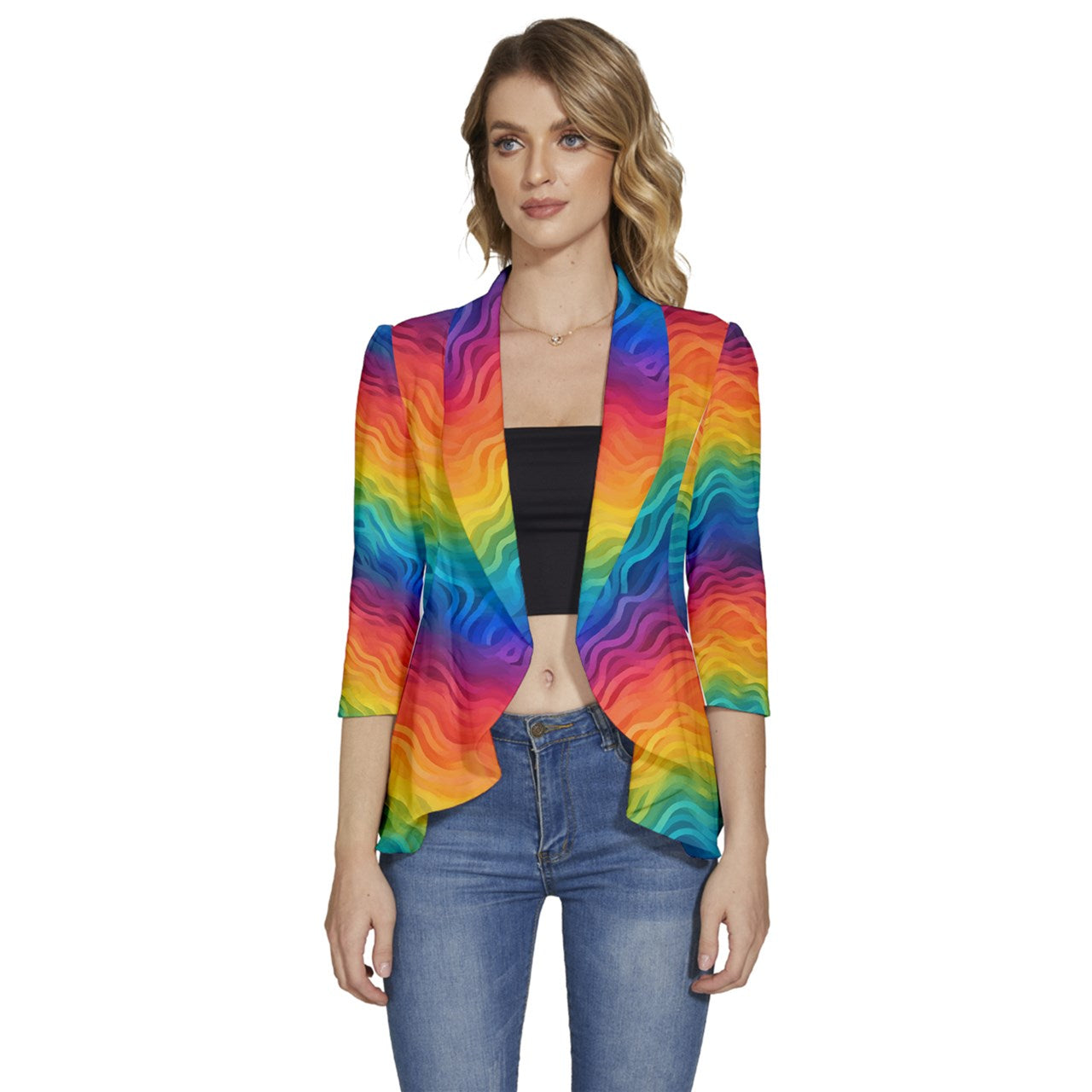 LGBTQ Rainbow Pride Women's 3/4 Sleeve Ruffle Edge Open Front Jacket