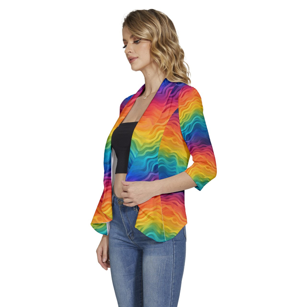 LGBTQ Rainbow Pride Women's 3/4 Sleeve Ruffle Edge Open Front Jacket