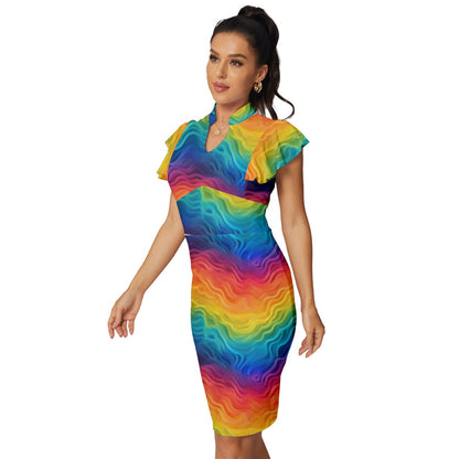 LGBTQ Rainbow Pride Vintage Frill Sleeve V-Neck Bodycon Dress