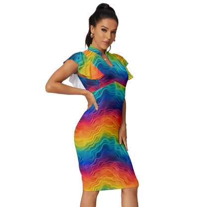 LGBTQ Rainbow Pride Vintage Frill Sleeve V-Neck Bodycon Dress