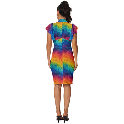 LGBTQ Rainbow Pride Vintage Frill Sleeve V-Neck Bodycon Dress