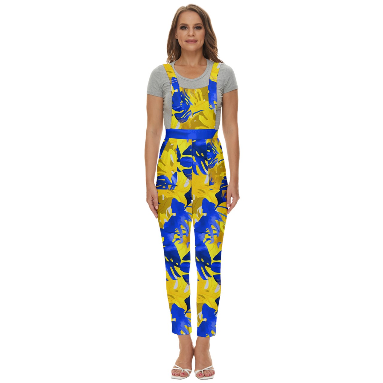 Blue Monstera on Yellow #2 - Women's Pinafore Overalls Jumpsuit