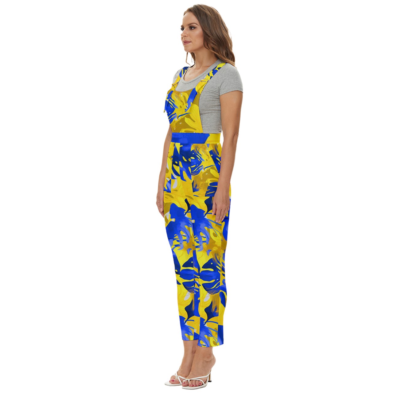 Blue Monstera on Yellow #2 - Women's Pinafore Overalls Jumpsuit