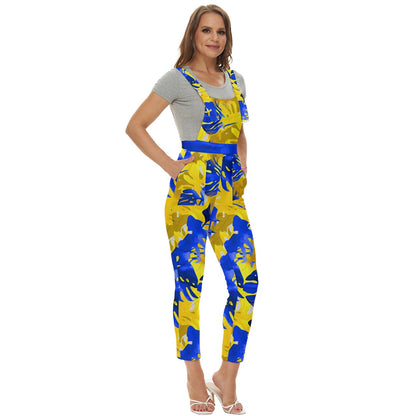 Blue Monstera on Yellow #2 - Women's Pinafore Overalls Jumpsuit