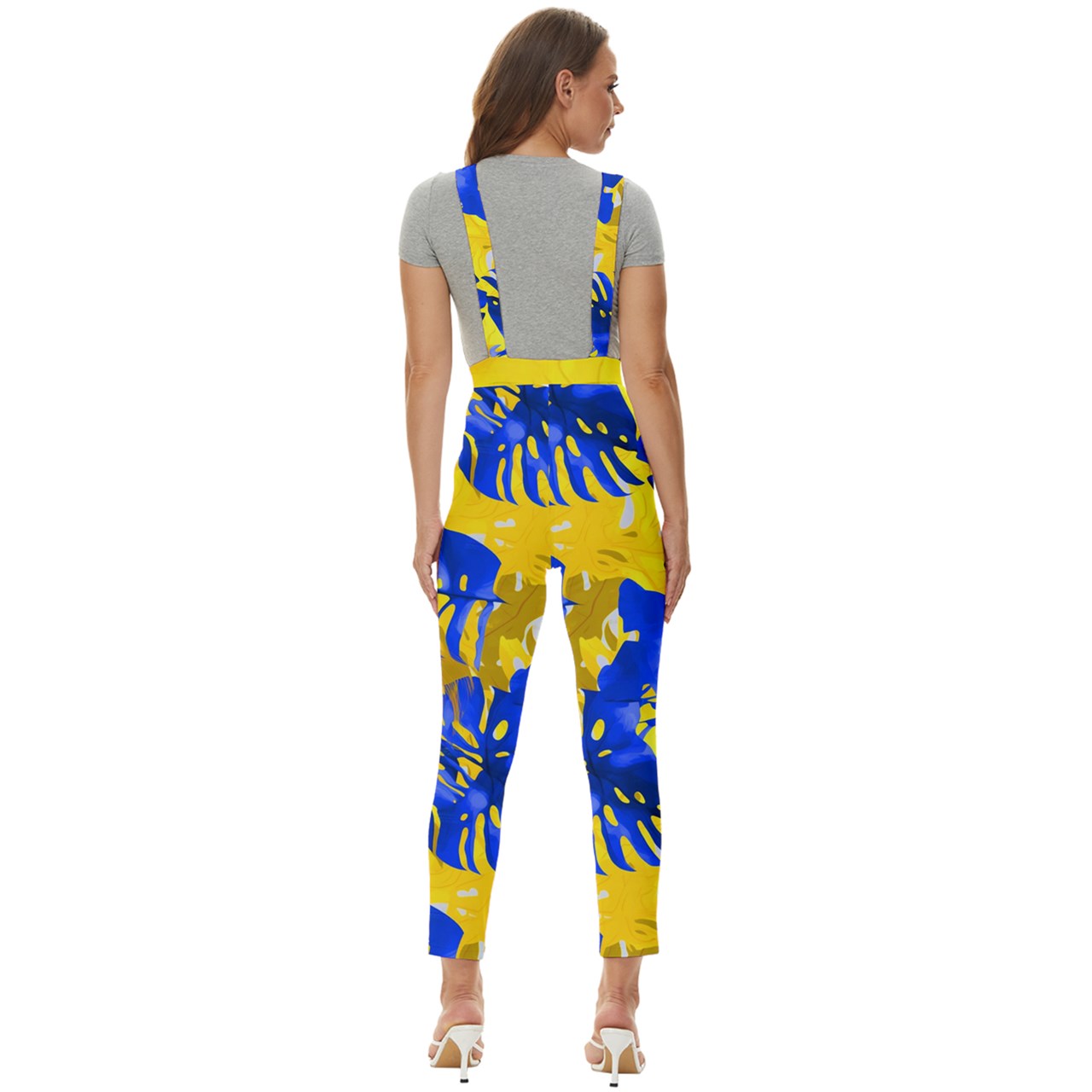 Blue Monstera on Yellow #2 - Women's Pinafore Overalls Jumpsuit