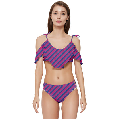 Unique Bisexual Flag Tie Up Bikini Set with Ruffled Edges - Stylish Swimwear