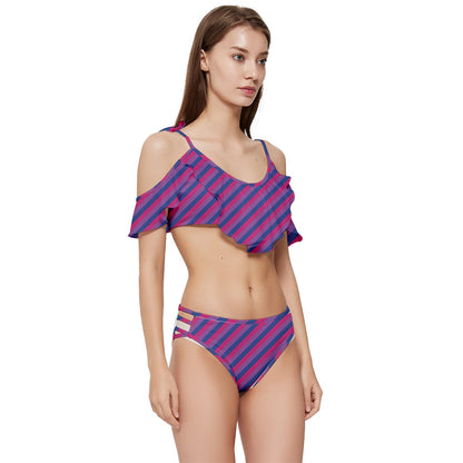 Unique Bisexual Flag Tie Up Bikini Set with Ruffled Edges - Stylish Swimwear