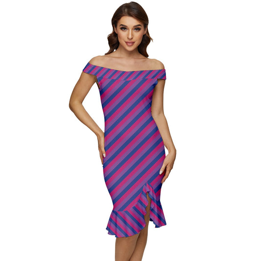 Bisexual Flag Off Shoulder Ruffle Split Hem Bodycon Dress