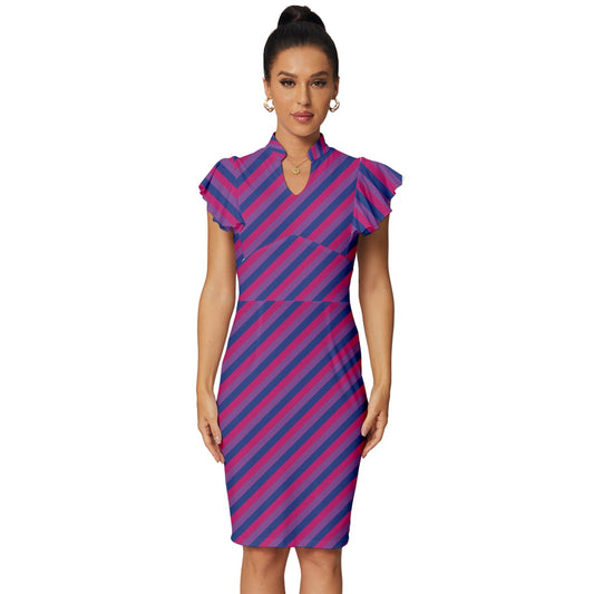 Bisexual Flag Vintage Frill Sleeve V-Neck Bodycon Dress