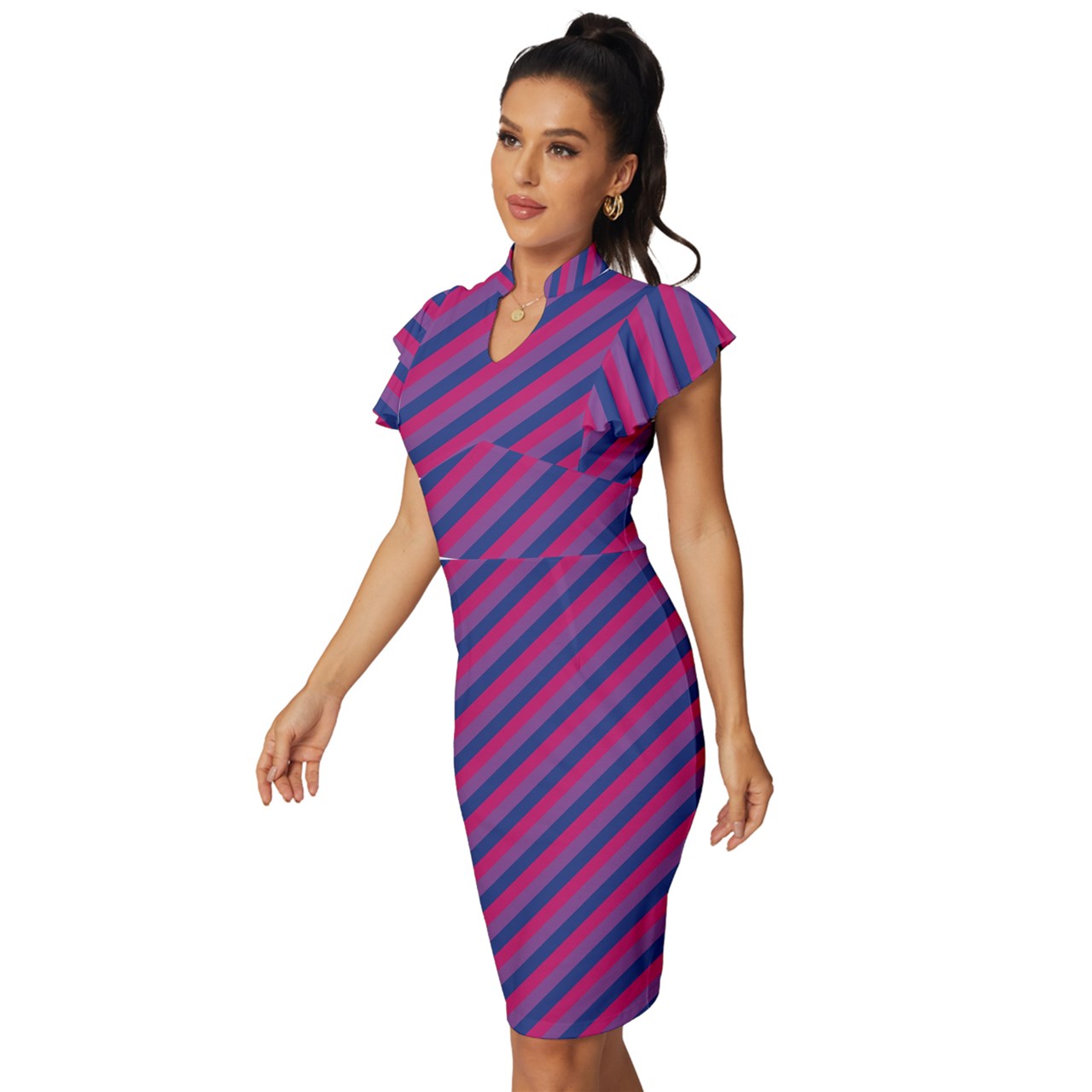 Bisexual Flag Vintage Frill Sleeve V-Neck Bodycon Dress