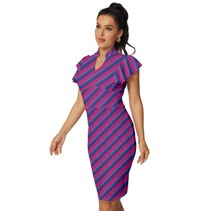 Bisexual Flag Vintage Frill Sleeve V-Neck Bodycon Dress