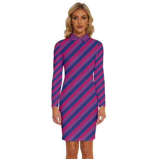 Bisexual Flag Long Sleeve Shirt Collar Bodycon Dress