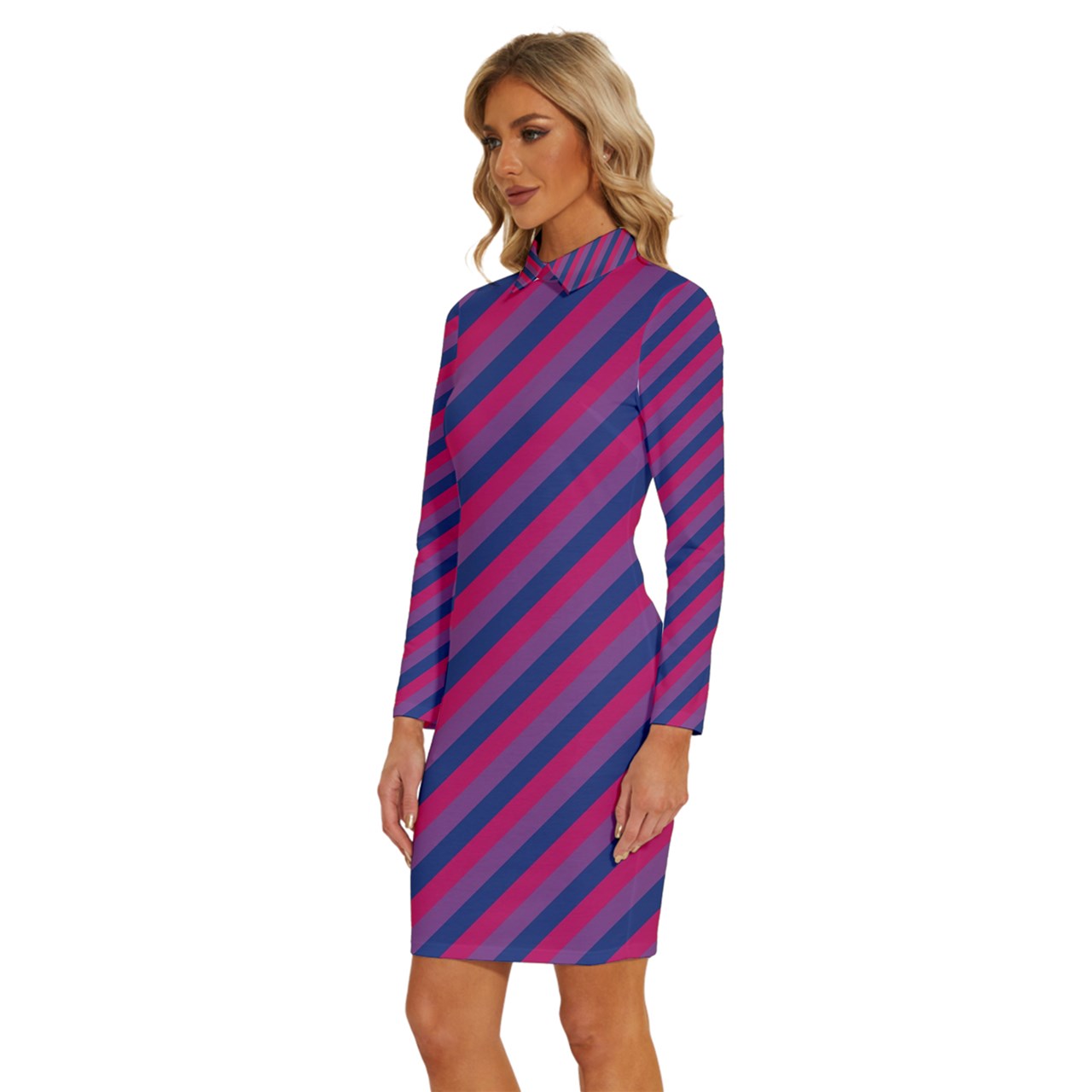 Bisexual Flag Long Sleeve Shirt Collar Bodycon Dress