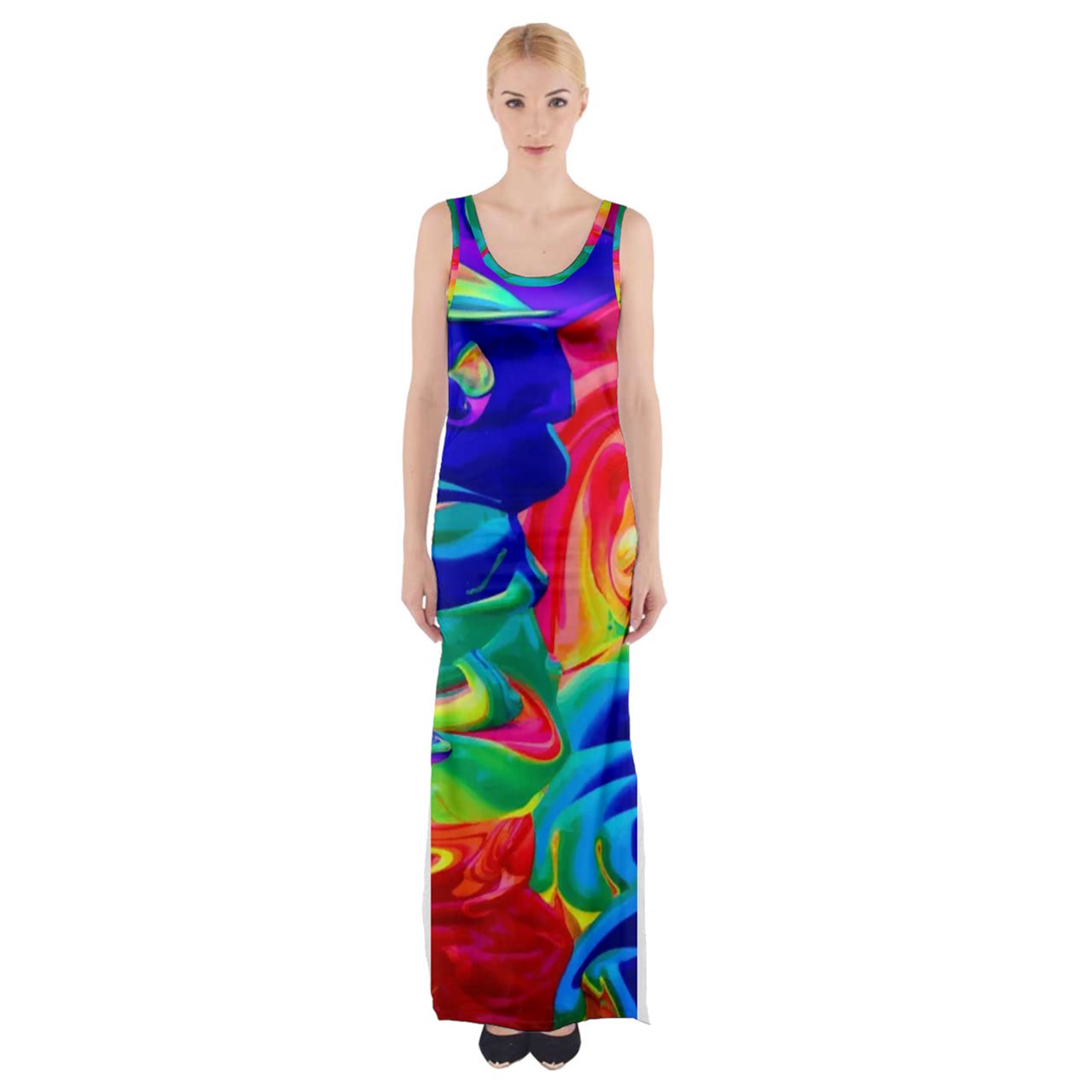 Luxtrini Rainbow Confusion Thigh Split Maxi Dress