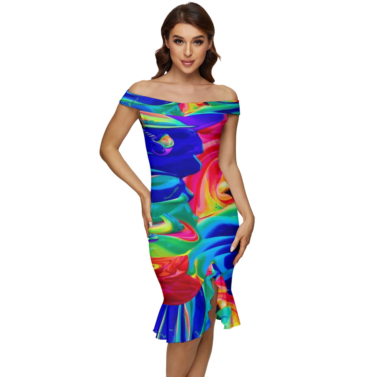 Rainbow Confusion Off Shoulder Ruffle Split Hem Bodycon Dress