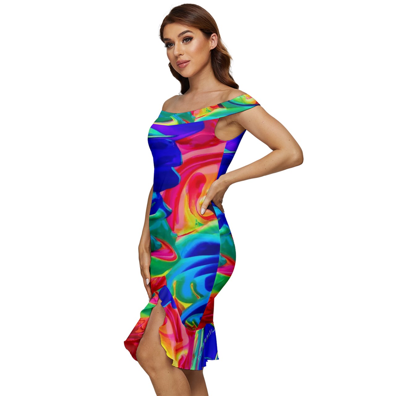 Rainbow Confusion Off Shoulder Ruffle Split Hem Bodycon Dress