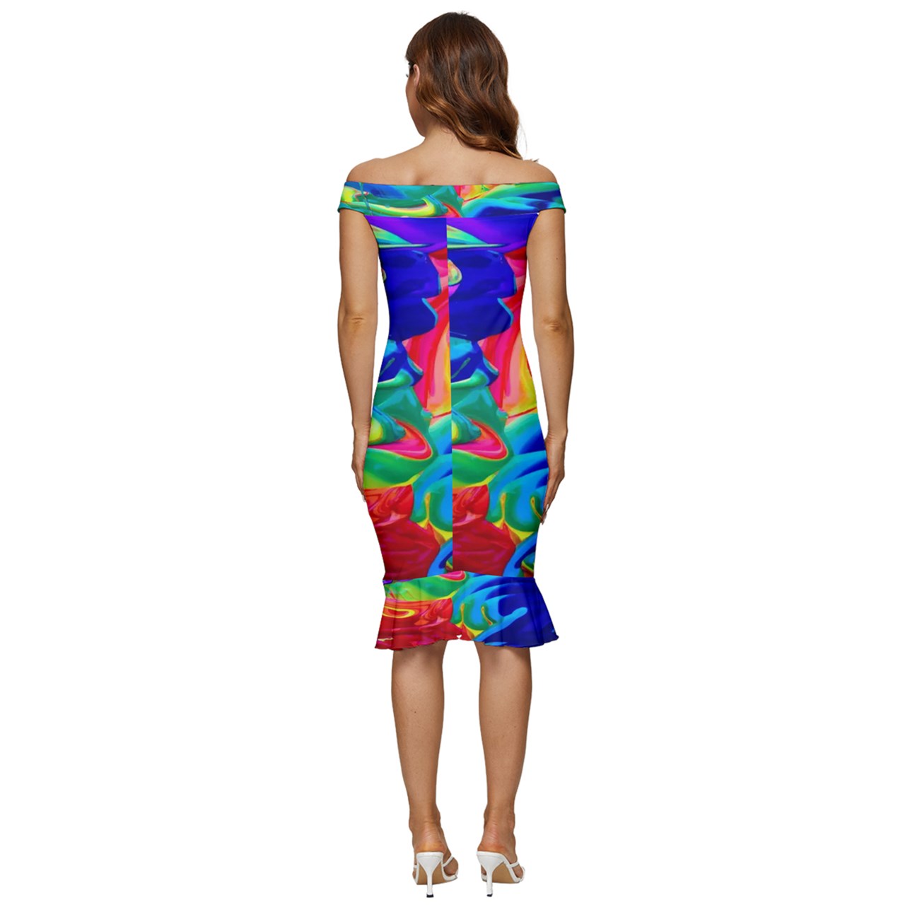 Rainbow Confusion Off Shoulder Ruffle Split Hem Bodycon Dress