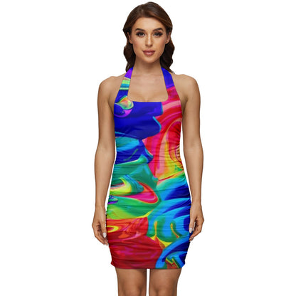 Rainbow Confusion Sleeveless Wide Square Neckline Ruched Bodycon Dress